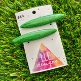 Handmade Resin Hair Clip - Glitter Green Rounded Edge Bar Hair Clip Pair!
