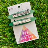 Handmade Resin Hair Clip - Glitter Green Rounded Edge Bar Hair Clip Pair!
