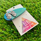Handmade Resin Hair Clip - Glitter Two Tone Blue Hair Clip Featuring a Glitter Silver Bow!