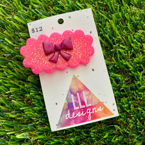 Handmade Resin Hair Clip - Neon Glitter Pink Puffy Cloud Hair Clip Featuring a Pink Bow!
