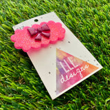 Handmade Resin Hair Clip - Neon Glitter Pink Puffy Cloud Hair Clip Featuring a Pink Bow!