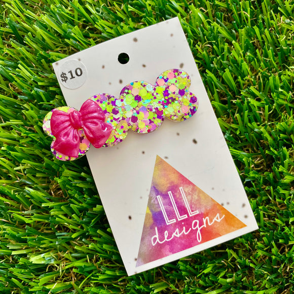 Handmade Resin Hair Clip - Yellow, Pink, Violet Glitter Bubble Hair Clip Featuring a Pink Bow!