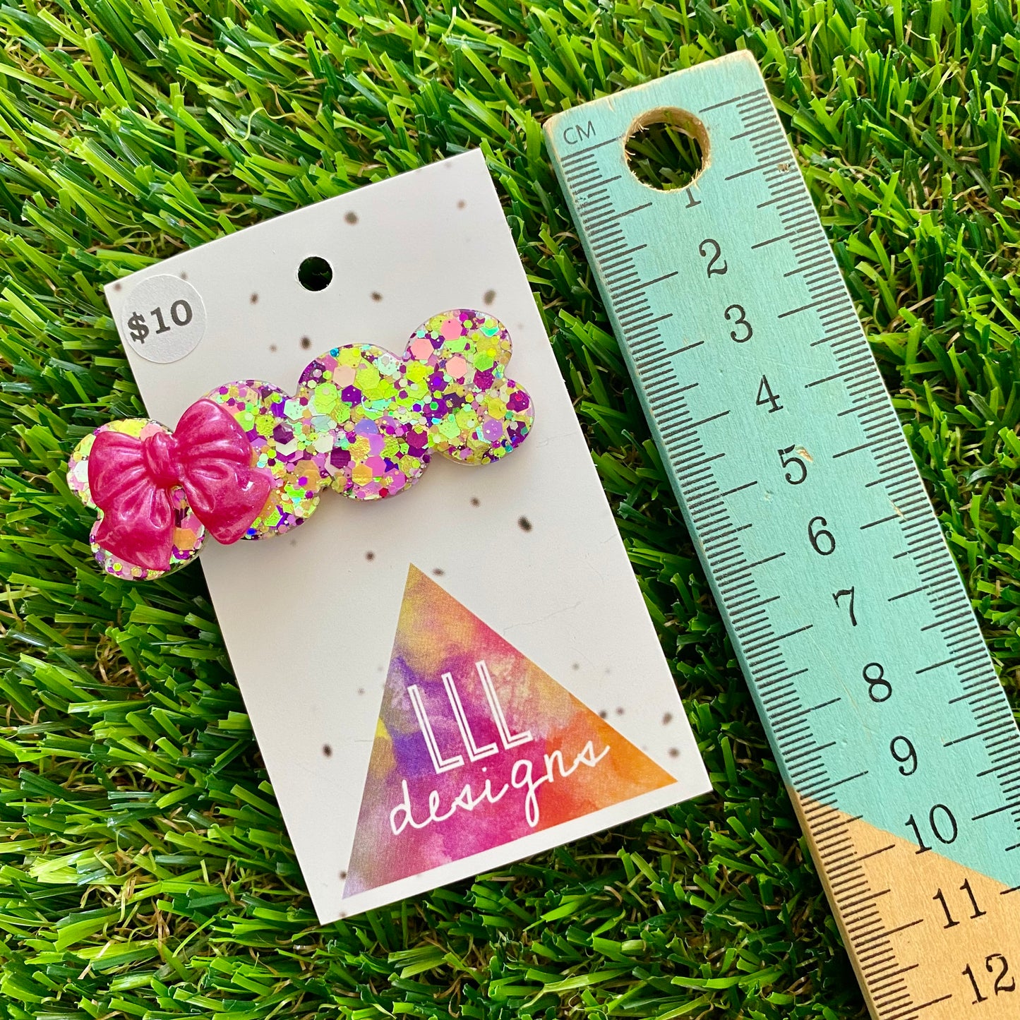 Handmade Resin Hair Clip - Yellow, Pink, Violet Glitter Bubble Hair Clip Featuring a Pink Bow!