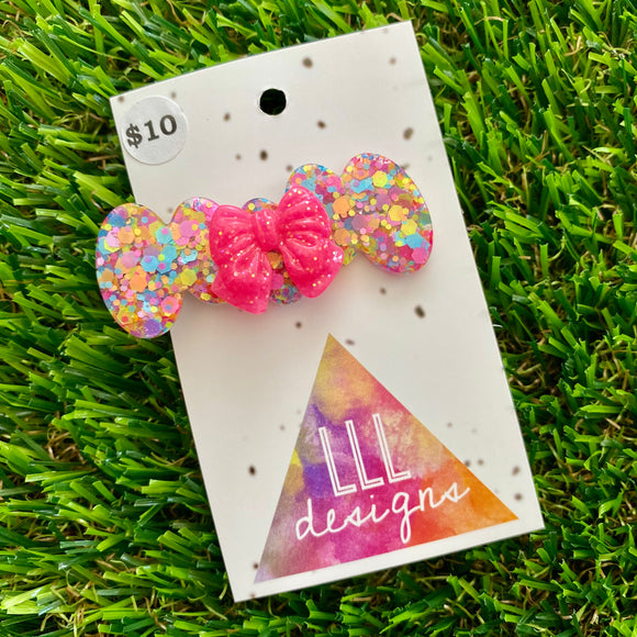 Handmade Resin Hair Clip - Rainbow Confetti Bubbles and Bows Hair Clip Featuring a Neon Glitter Pink Bow!