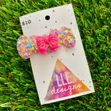 Handmade Resin Hair Clip - Rainbow Confetti Bubbles and Bows Hair Clip Featuring a Neon Glitter Pink Bow!