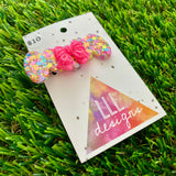 Handmade Resin Hair Clip - Rainbow Confetti Bubbles and Bows Hair Clip Featuring a Neon Glitter Pink Bow!