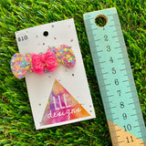 Handmade Resin Hair Clip - Rainbow Confetti Bubbles and Bows Hair Clip Featuring a Neon Glitter Pink Bow!