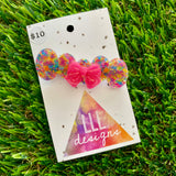 Handmade Resin Hair Clip - Rainbow Confetti Bubbles and Bows Hair Clip Featuring a Neon Glitter Pink Bow!
