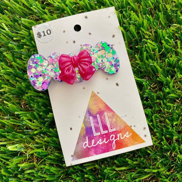 Handmade Resin Hair Clip - Purple Multi Confetti Bubbles and Bows Hair Clip Featuring a Pink Bow!