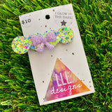 Handmade Resin Hair Clip - Yellow/Green Blue Lavender Glitter Bubble Hair Clip Featuring a Lavender Glow In Dark Bow!