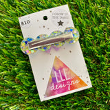 Handmade Resin Hair Clip - Yellow/Green Blue Lavender Glitter Bubble Hair Clip Featuring a Lavender Glow In Dark Bow!