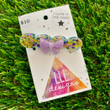 Handmade Resin Hair Clip - Yellow/Green Blue Lavender Glitter Bubble Hair Clip Featuring a Lavender Glow In Dark Bow!