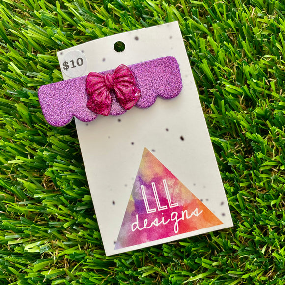 Handmade Resin Hair Clip - Glitter Purple Scalloped Edge Hair Clip Featuring a Glitter Pink Chunky Bow!