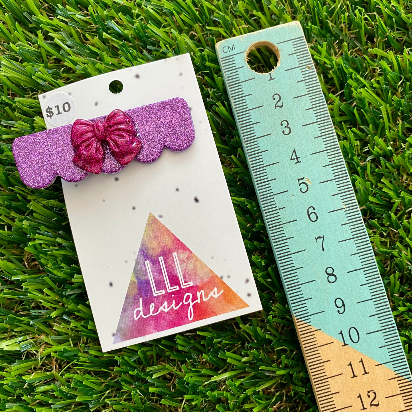 Handmade Resin Hair Clip - Glitter Purple Scalloped Edge Hair Clip Featuring a Glitter Pink Chunky Bow!