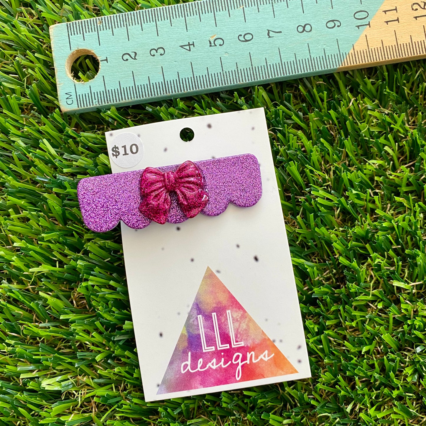 Handmade Resin Hair Clip - Glitter Purple Scalloped Edge Hair Clip Featuring a Glitter Pink Chunky Bow!