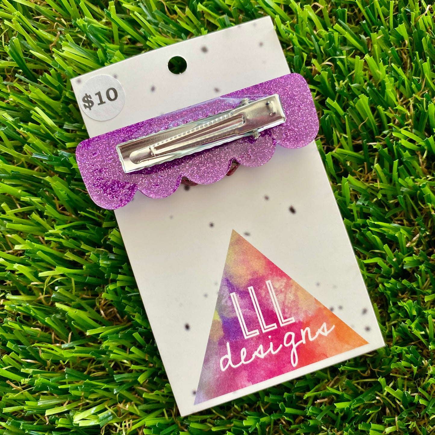Handmade Resin Hair Clip - Glitter Purple Scalloped Edge Hair Clip Featuring a Glitter Pink Chunky Bow!