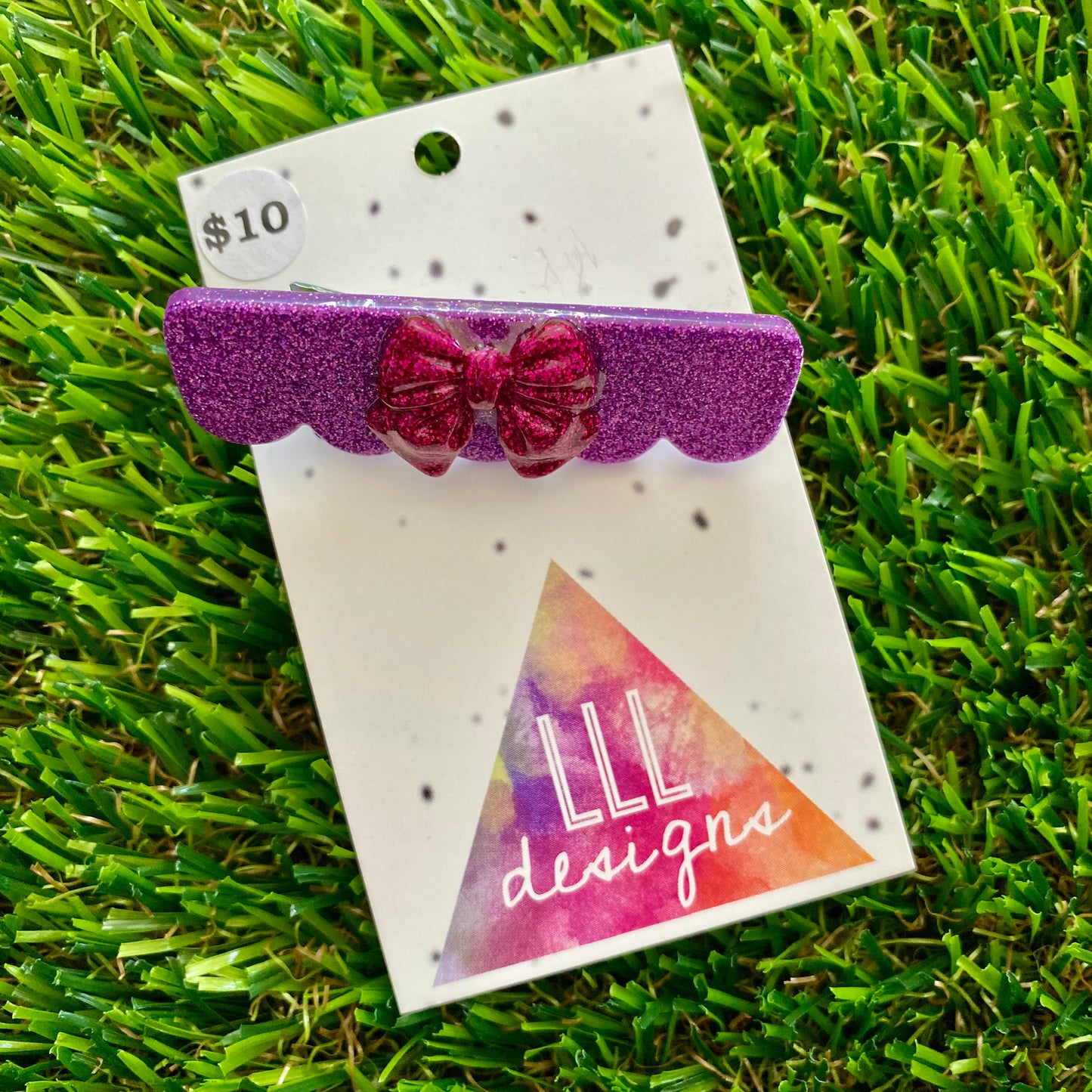 Handmade Resin Hair Clip - Glitter Purple Scalloped Edge Hair Clip Featuring a Glitter Pink Chunky Bow!