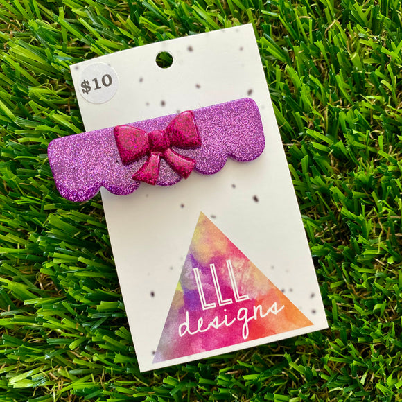 Handmade Resin Hair Clip - Glitter Purple Scalloped Edge Hair Clip Featuring a Glitter Pink Regular Bow!