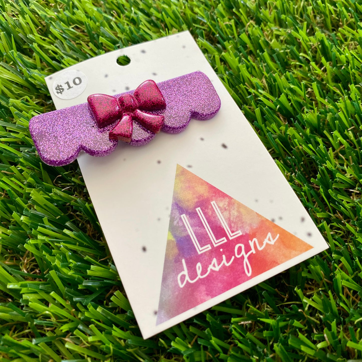 Handmade Resin Hair Clip - Glitter Purple Scalloped Edge Hair Clip Featuring a Glitter Pink Regular Bow!