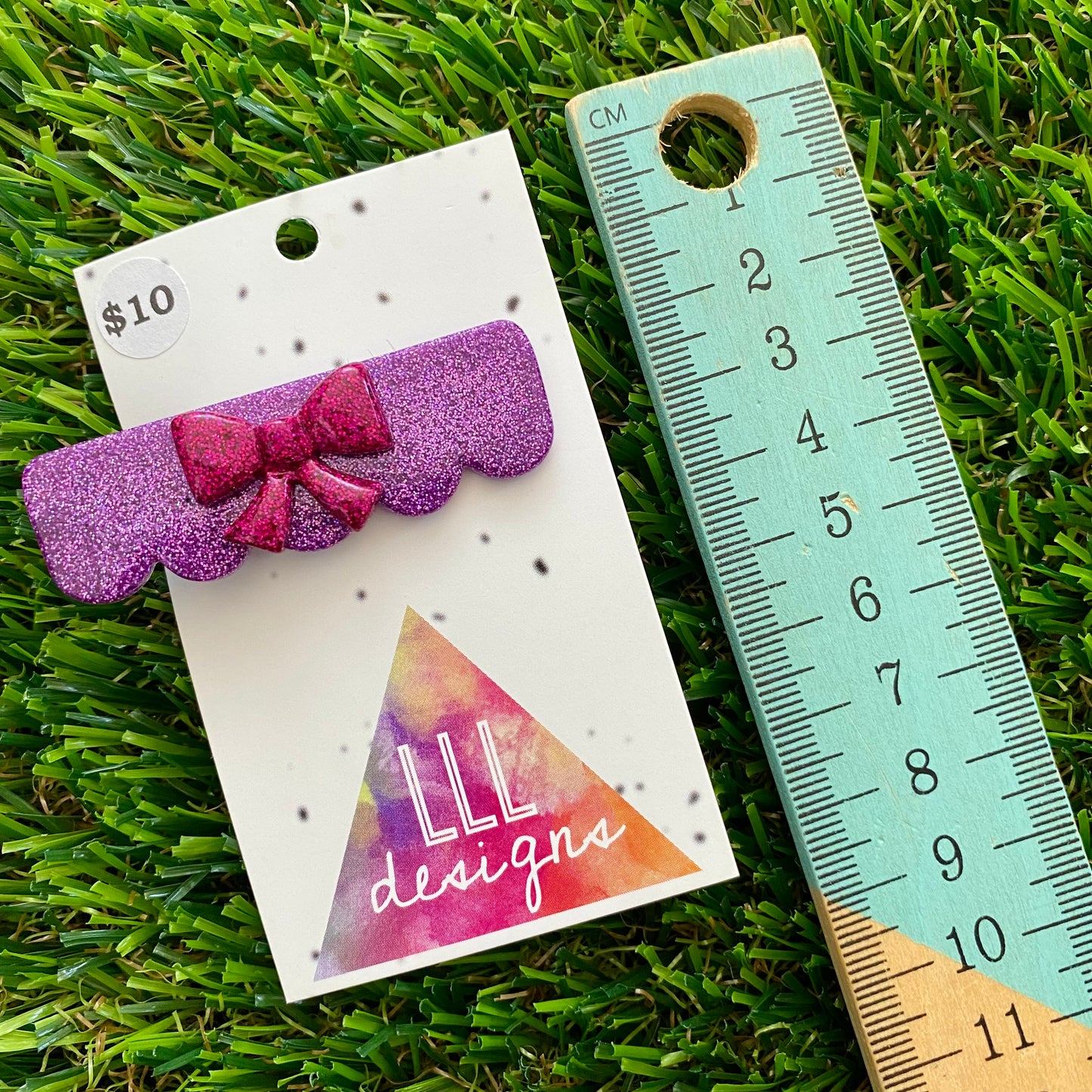 Handmade Resin Hair Clip - Glitter Purple Scalloped Edge Hair Clip Featuring a Glitter Pink Regular Bow!