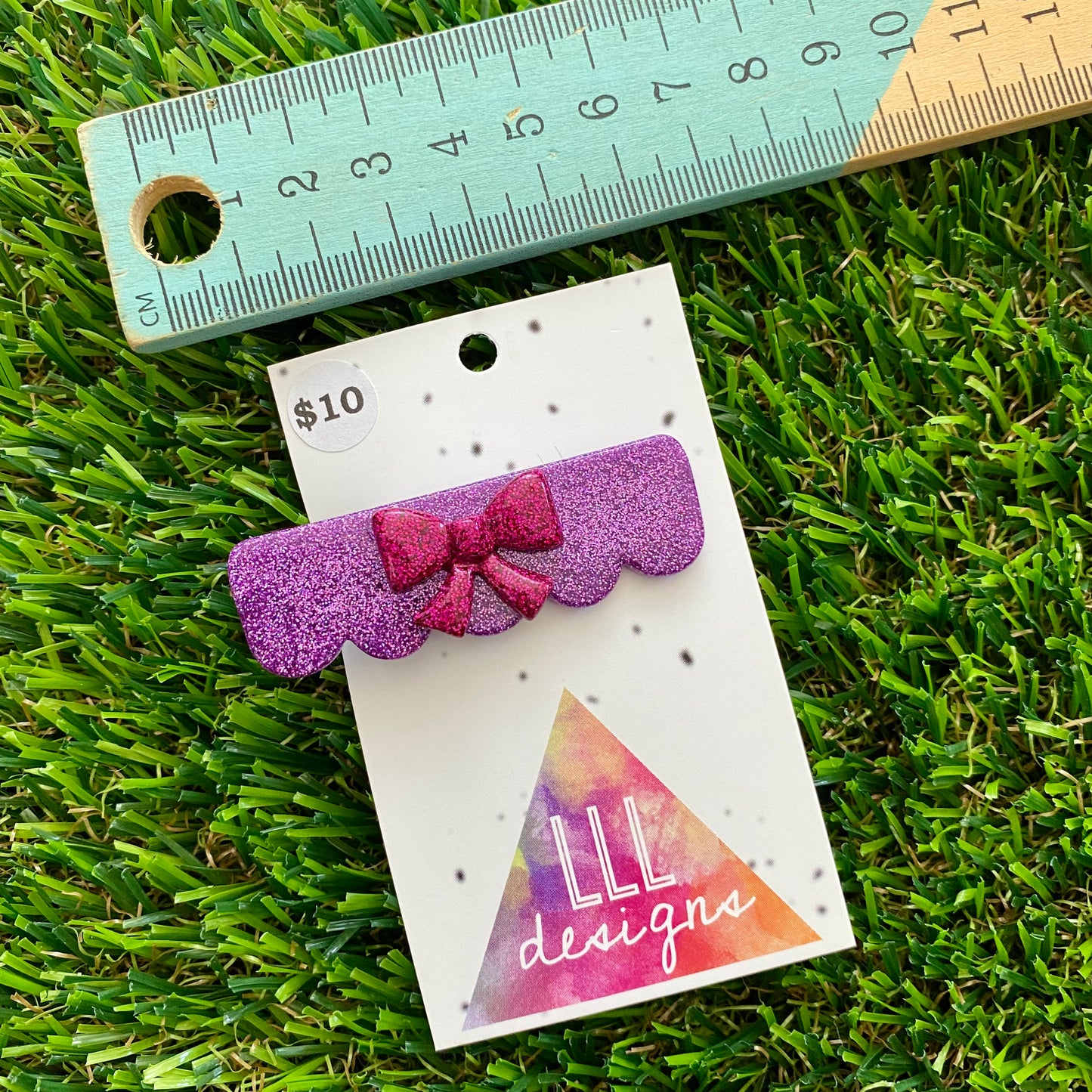 Handmade Resin Hair Clip - Glitter Purple Scalloped Edge Hair Clip Featuring a Glitter Pink Regular Bow!