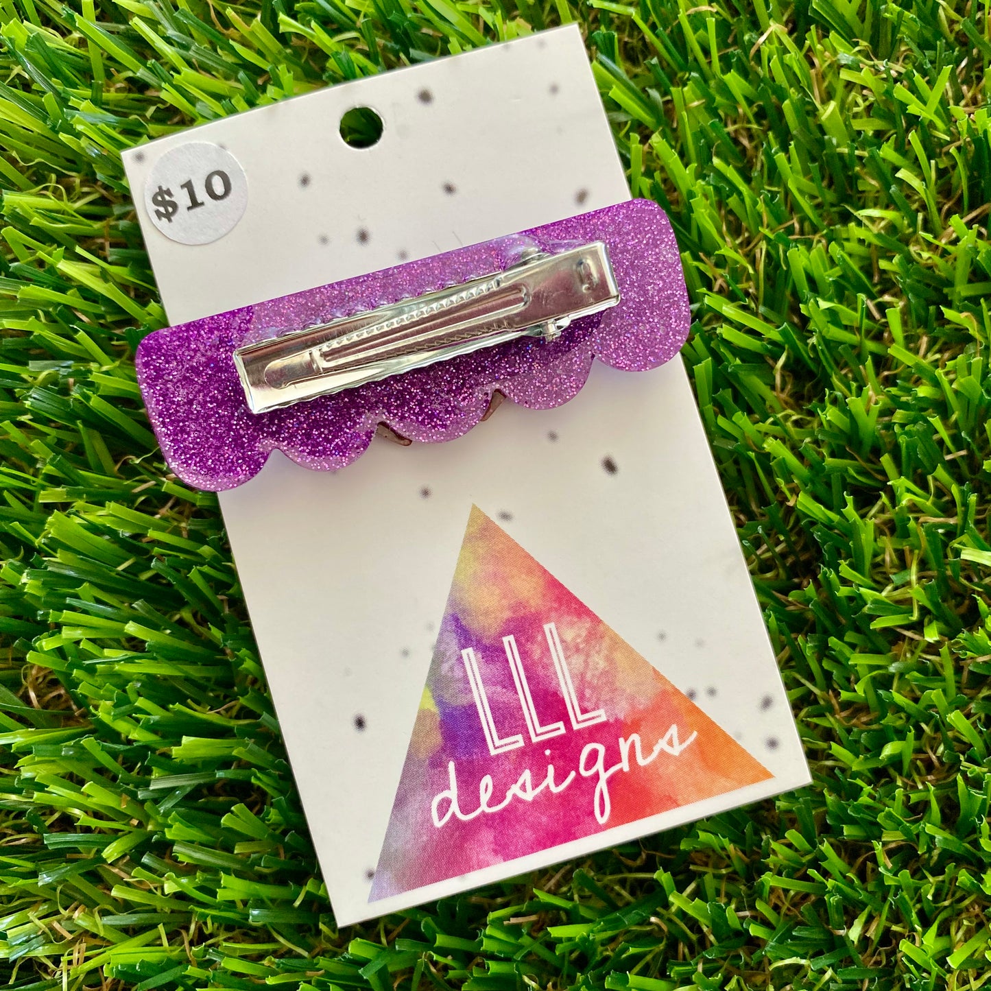 Handmade Resin Hair Clip - Glitter Purple Scalloped Edge Hair Clip Featuring a Glitter Pink Regular Bow!