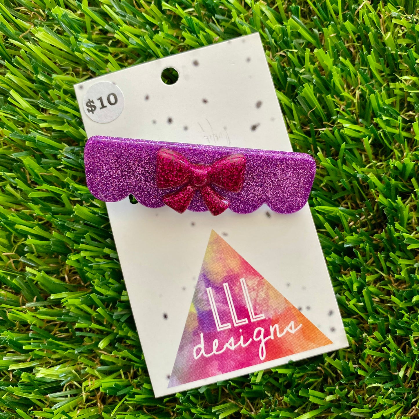 Handmade Resin Hair Clip - Glitter Purple Scalloped Edge Hair Clip Featuring a Glitter Pink Regular Bow!