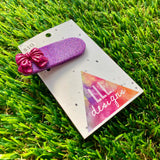 Handmade Resin Hair Clip - Glitter Purple Oval Hair Clip Featuring a Glitter Pink Bow!