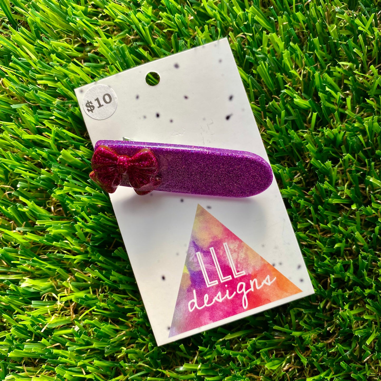 Handmade Resin Hair Clip - Glitter Purple Oval Hair Clip Featuring a Glitter Pink Bow!