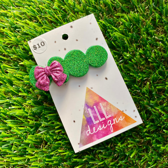 Handmade Resin Hair Clip - Glitter Green Bubble Hair Clip Featuring a Glitter Pink Bow!