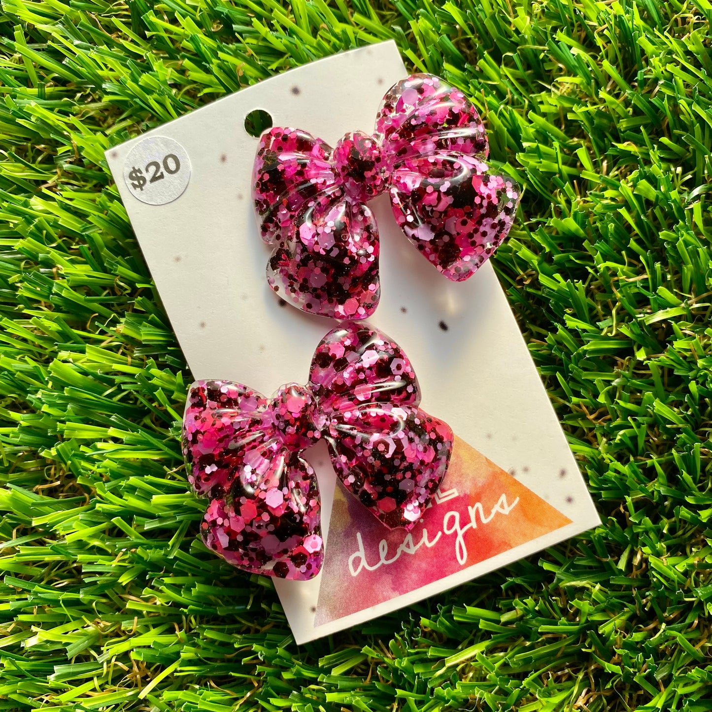 Handmade Resin Hair Clip - Pink and Black Confetti - Large Chunky Bow Hair Clip Pair!