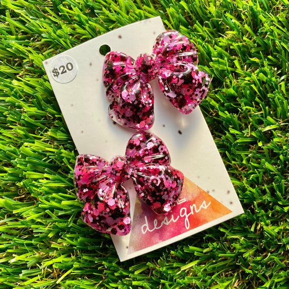 Handmade Resin Hair Clip - Pink and Black Confetti - Large Chunky Bow Hair Clip Pair!