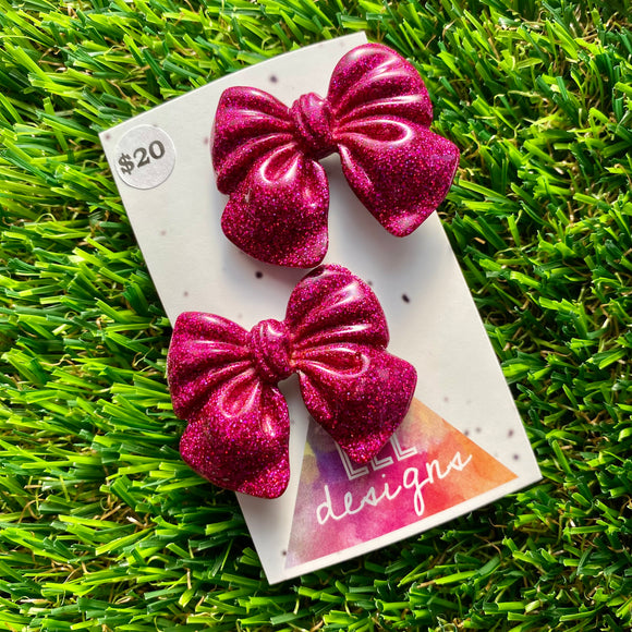 Handmade Resin Hair Clip - Glitter Deep Pink - Large Chunky Bow Hair Clip Pair!