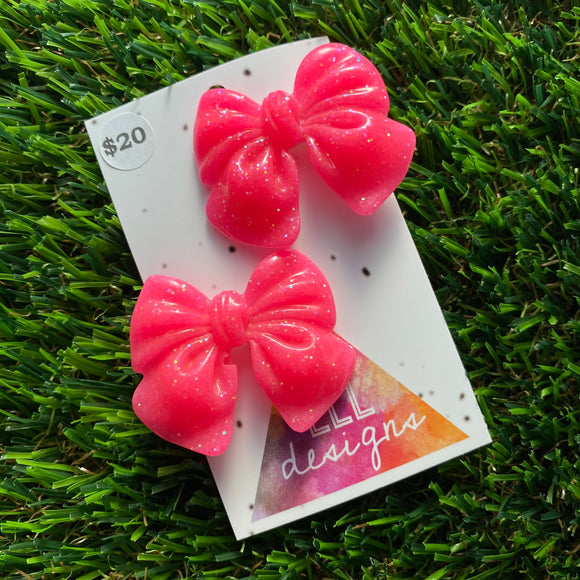 Handmade Resin Hair Clip - Neon Glitter Pink - Large Chunky Bow Hair Clip Pair!