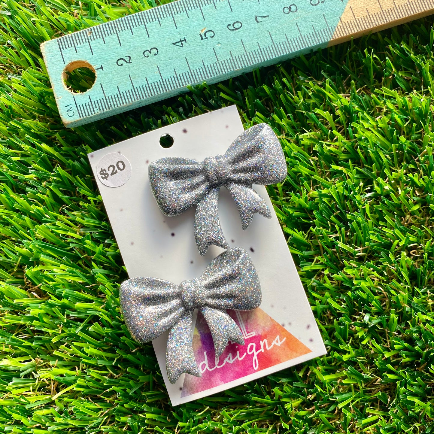 Handmade Resin Hair Clip - Glitter Silver - Large Regular Bow Hair Clip Pair!