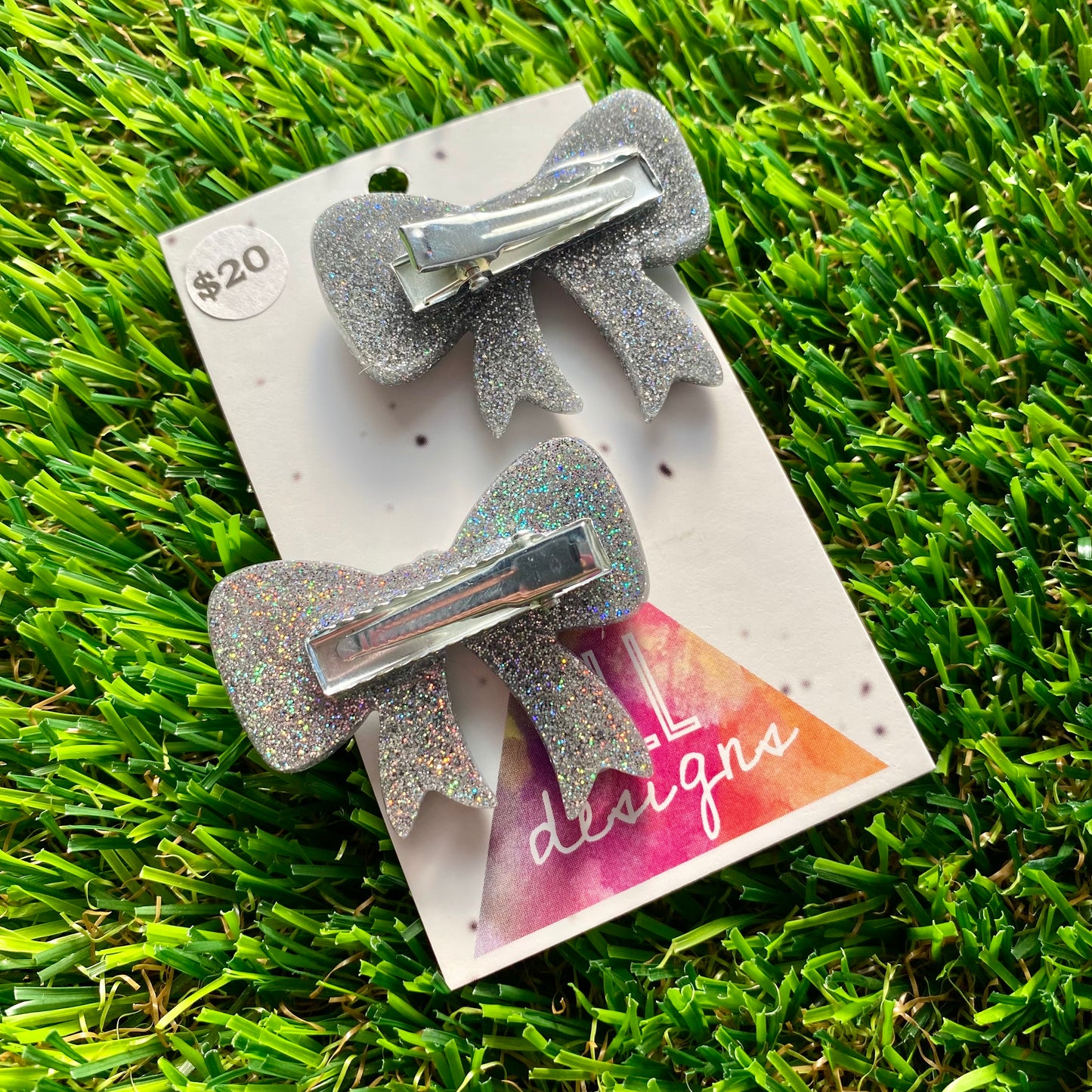 Handmade Resin Hair Clip - Glitter Silver - Large Regular Bow Hair Clip Pair!