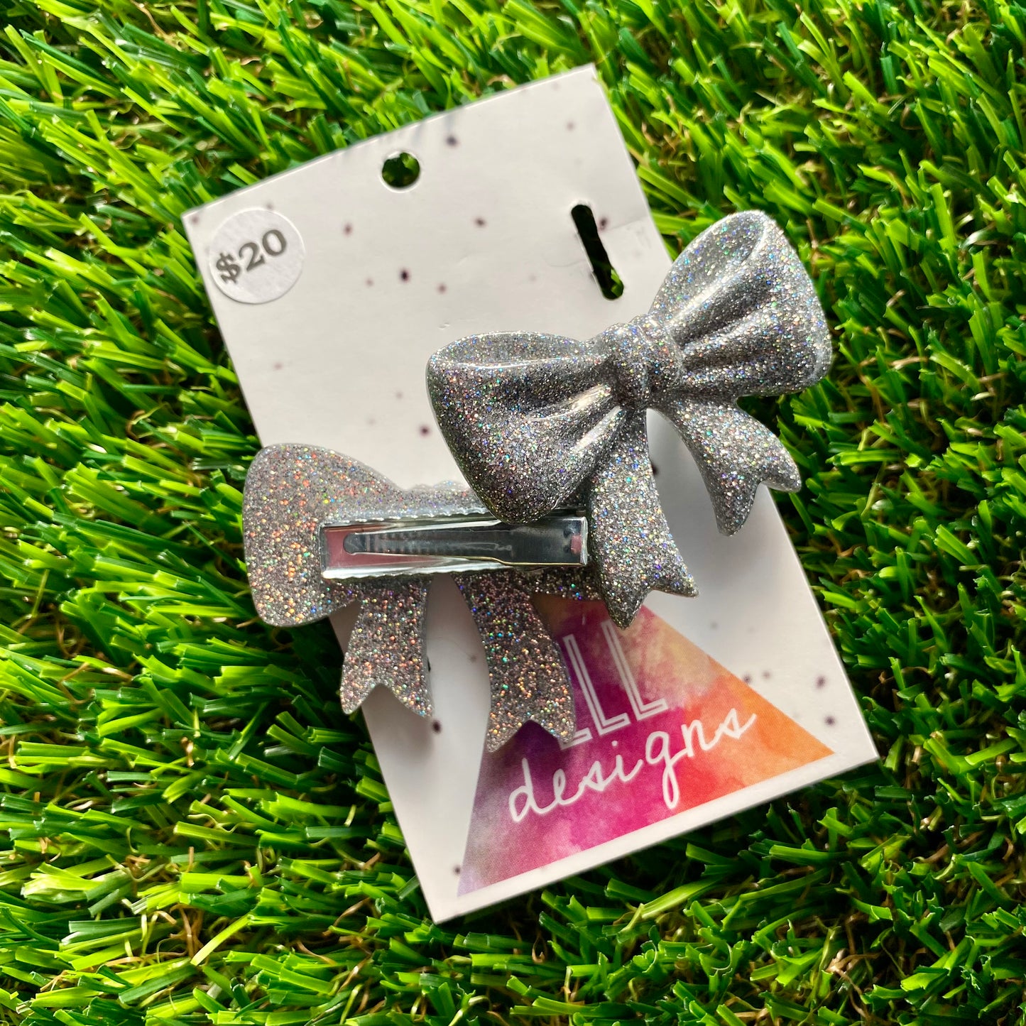 Handmade Resin Hair Clip - Glitter Silver - Large Regular Bow Hair Clip Pair!