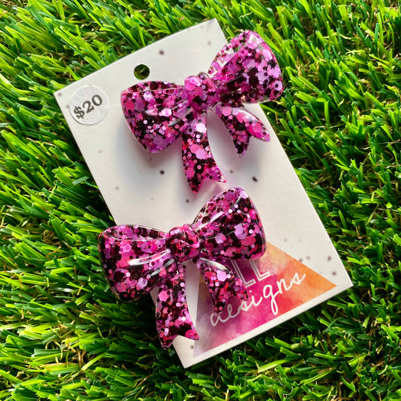 Handmade Resin Hair Clip - Pink and Black Confetti - Large Regular Bow Hair Clip Pair!