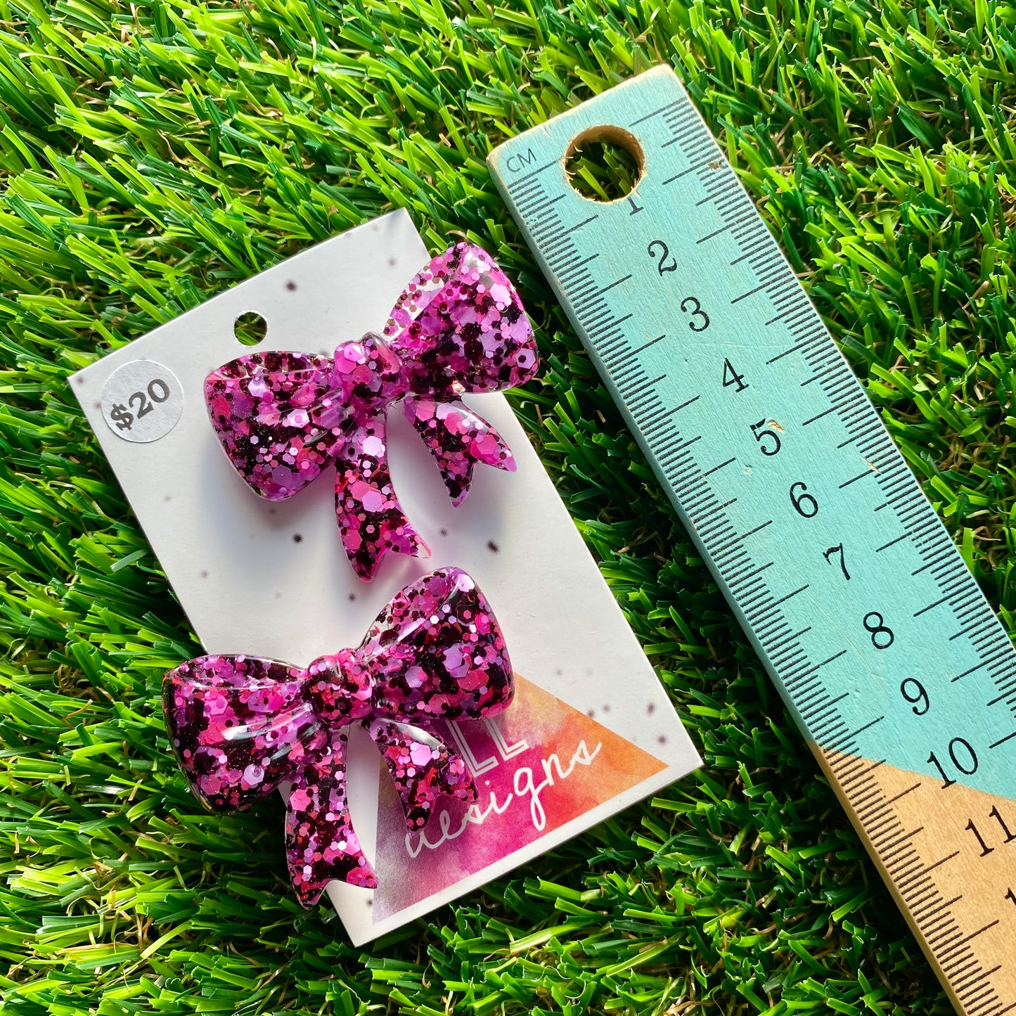 Handmade Resin Hair Clip - Pink and Black Confetti - Large Regular Bow Hair Clip Pair!
