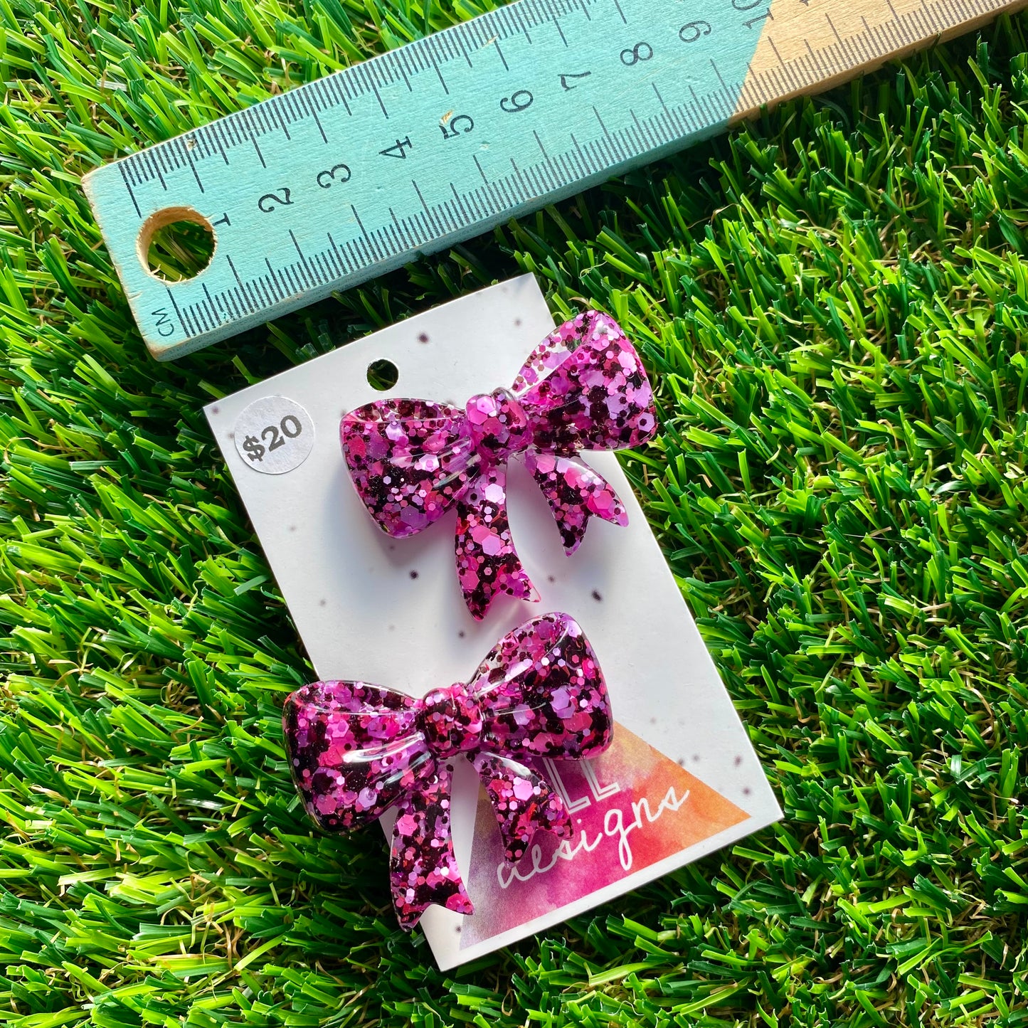 Handmade Resin Hair Clip - Pink and Black Confetti - Large Regular Bow Hair Clip Pair!