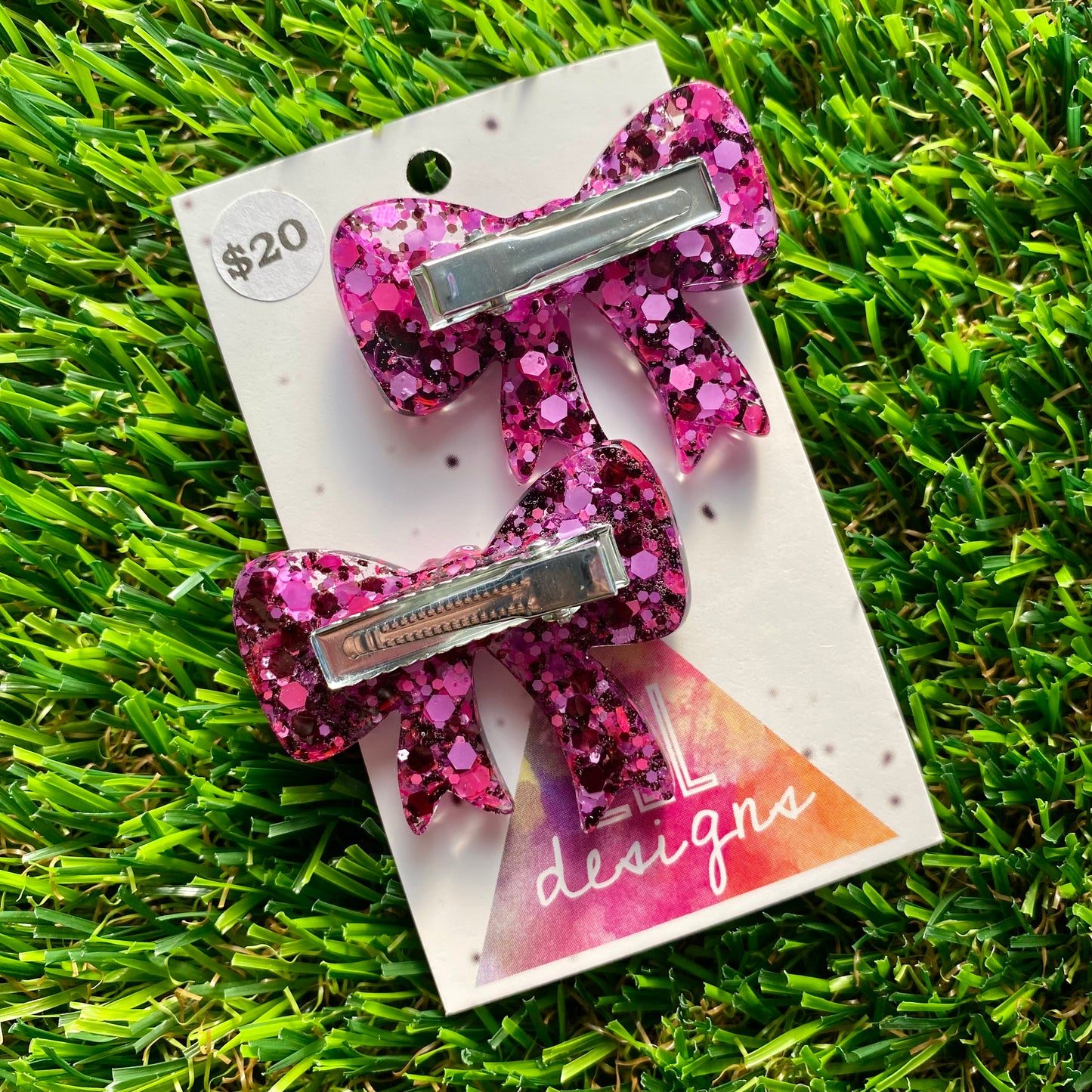 Handmade Resin Hair Clip - Pink and Black Confetti - Large Regular Bow Hair Clip Pair!