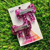 Handmade Resin Hair Clip - Pink and Black Confetti - Large Regular Bow Hair Clip Pair!