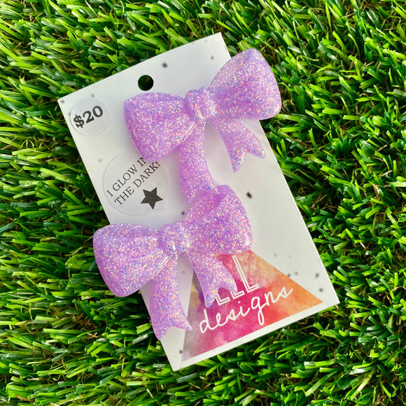 Handmade Resin Hair Clip - Glow In Dark Lavender Glitter - Large Chunky Bow Hair Clip Pair!