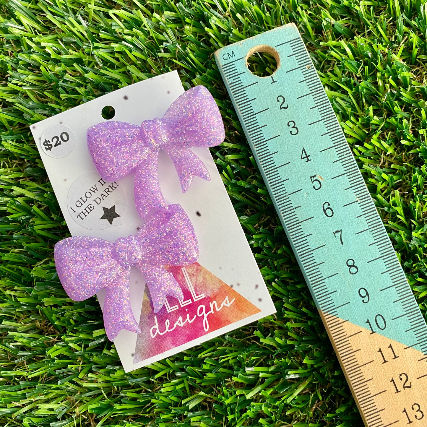 Handmade Resin Hair Clip - Glow In Dark Lavender Glitter - Large Chunky Bow Hair Clip Pair!