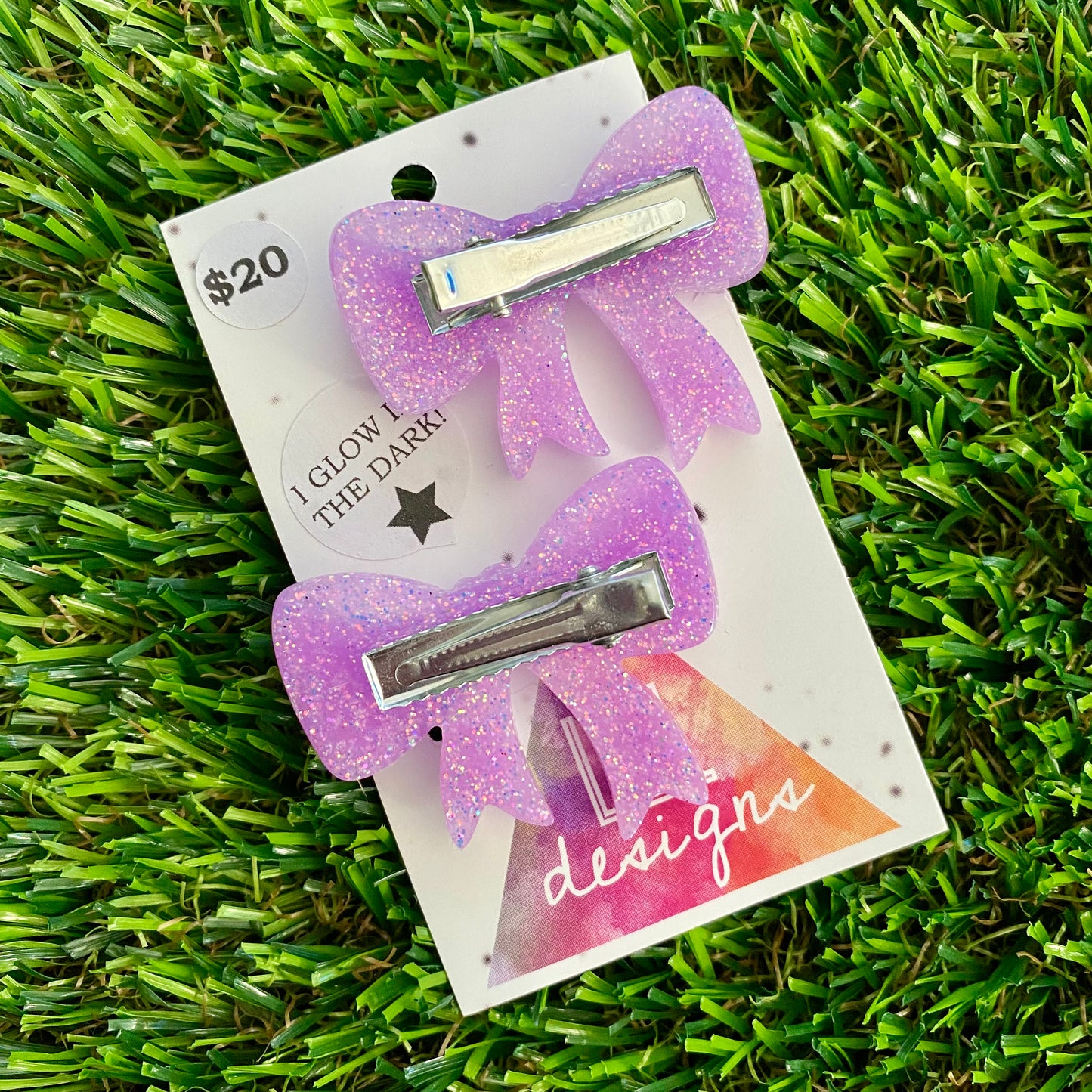Handmade Resin Hair Clip - Glow In Dark Lavender Glitter - Large Chunky Bow Hair Clip Pair!