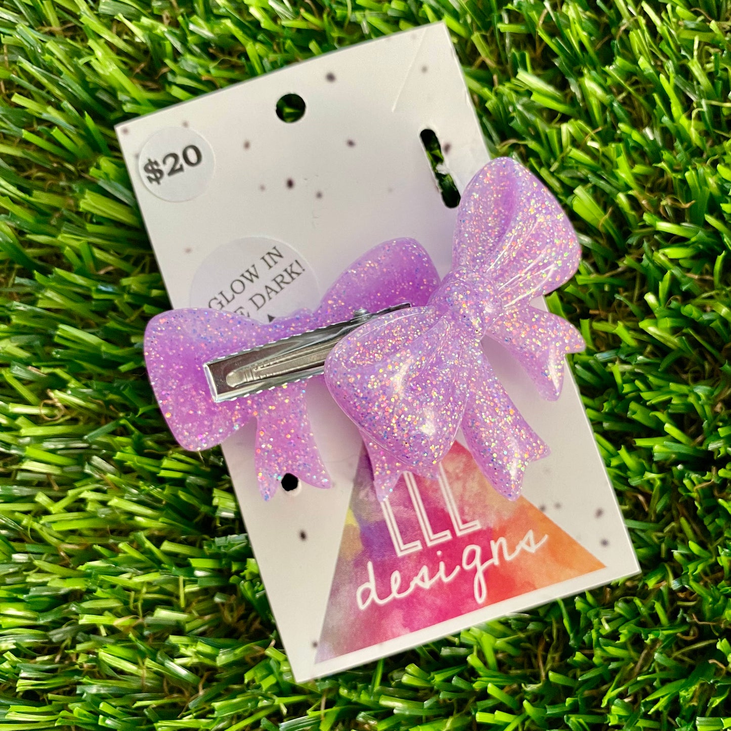 Handmade Resin Hair Clip - Glow In Dark Lavender Glitter - Large Chunky Bow Hair Clip Pair!