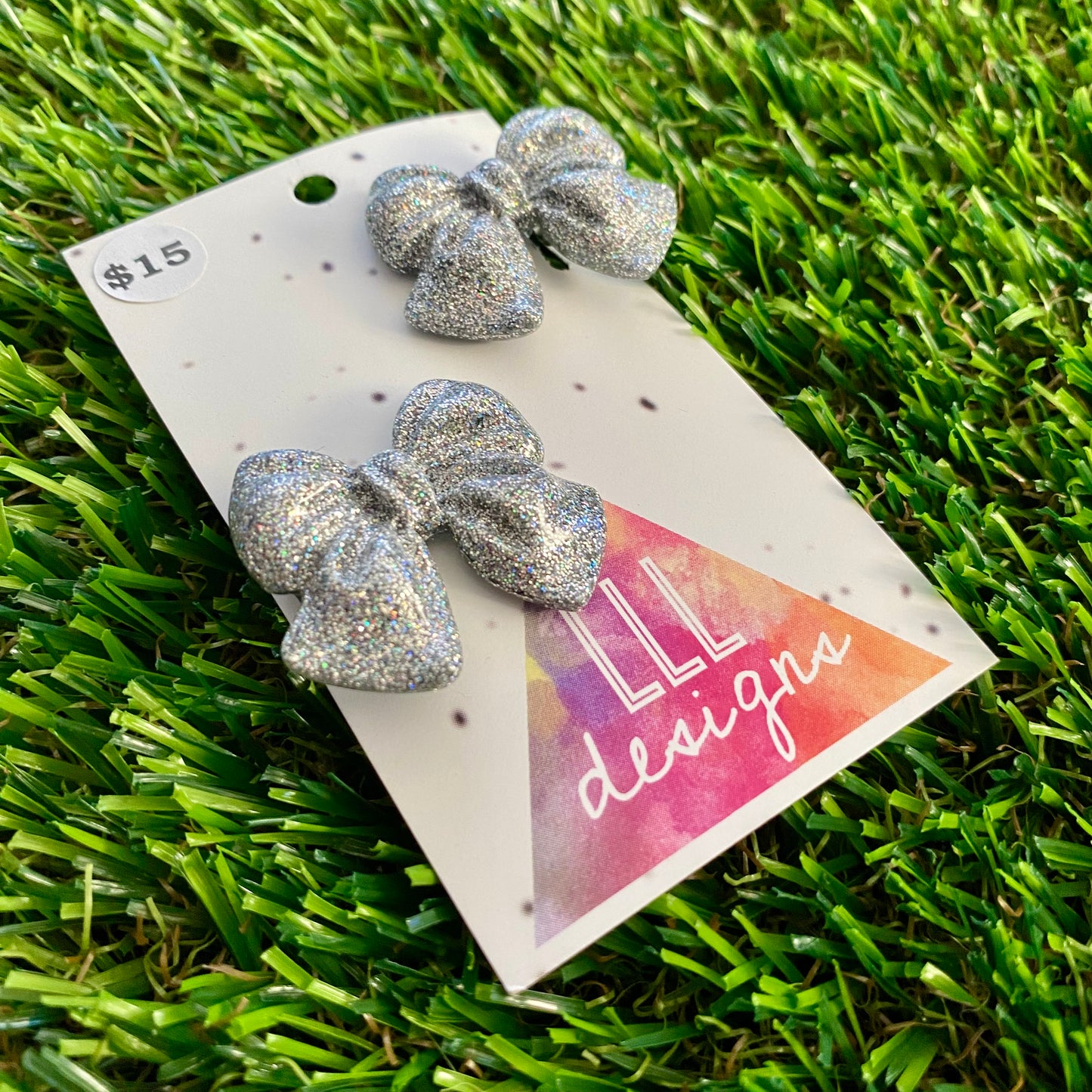 Handmade Resin Hair Clip - Glitter Silver - Medium Chunky Bow Hair Clip Pair!
