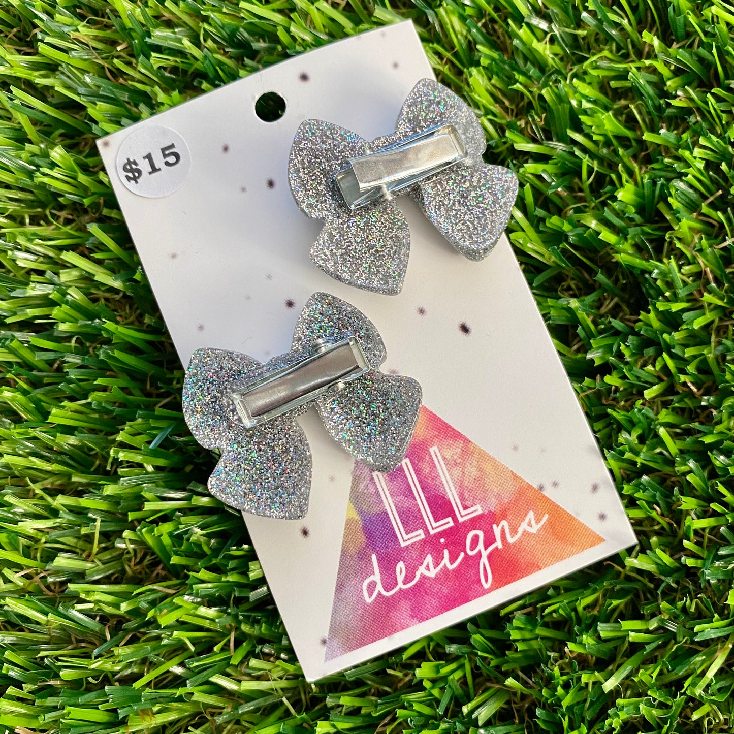Handmade Resin Hair Clip - Glitter Silver - Medium Chunky Bow Hair Clip Pair!