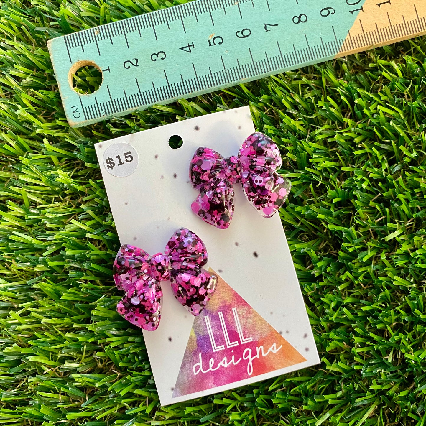 Handmade Resin Hair Clip - Pink and Black Confetti - Medium Chunky Bow Hair Clip Pair!