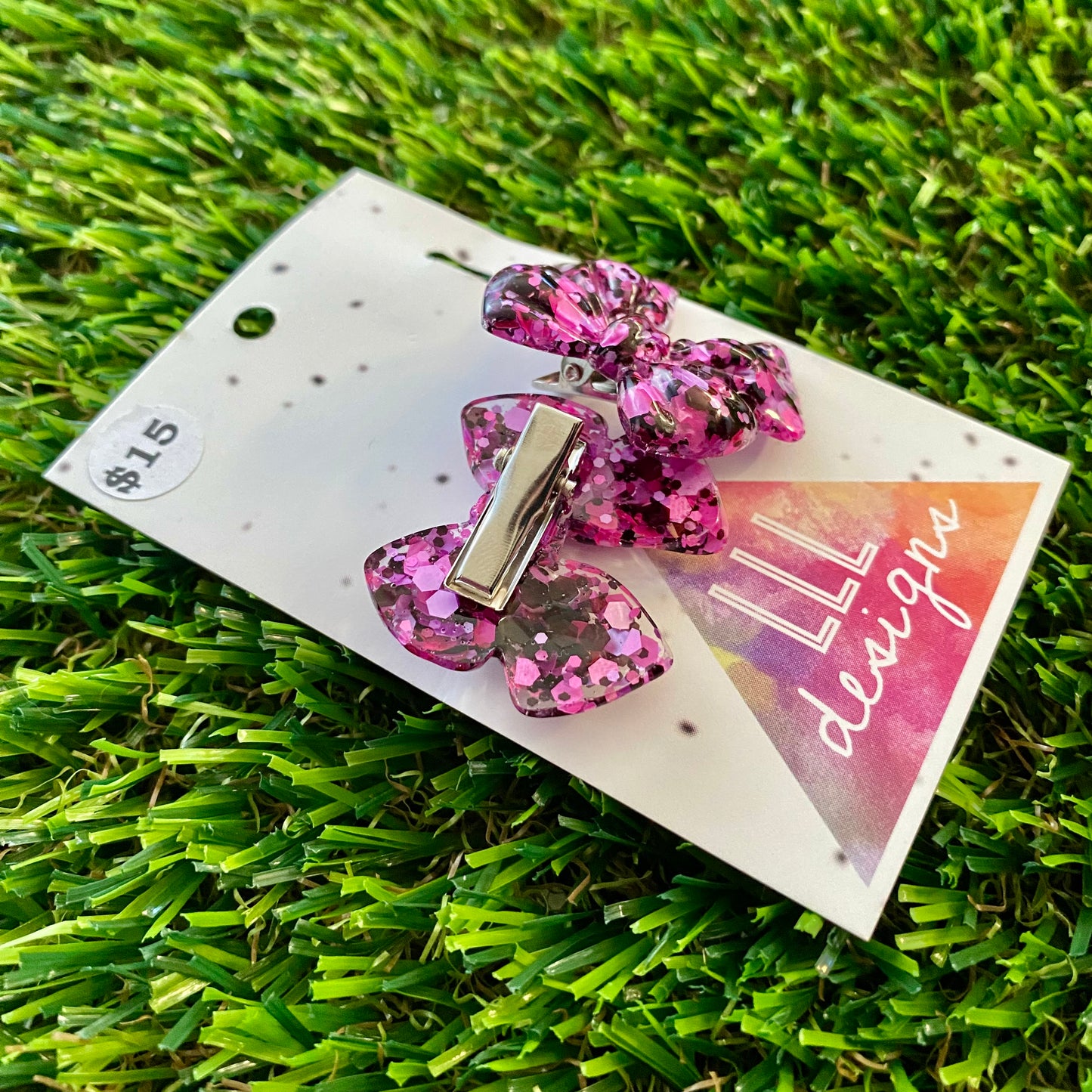Handmade Resin Hair Clip - Pink and Black Confetti - Medium Chunky Bow Hair Clip Pair!
